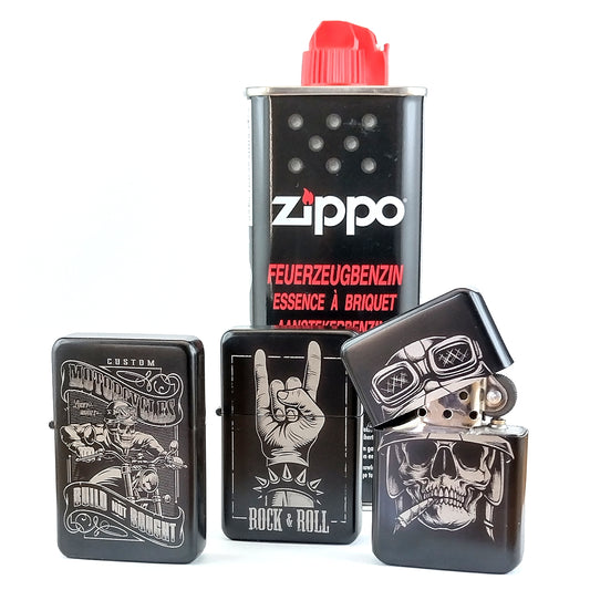3 x graviertes TOM Benzinfeuerzeug + Zippo® Feuerzeugbenzin - Motiv-Set nach Wahl