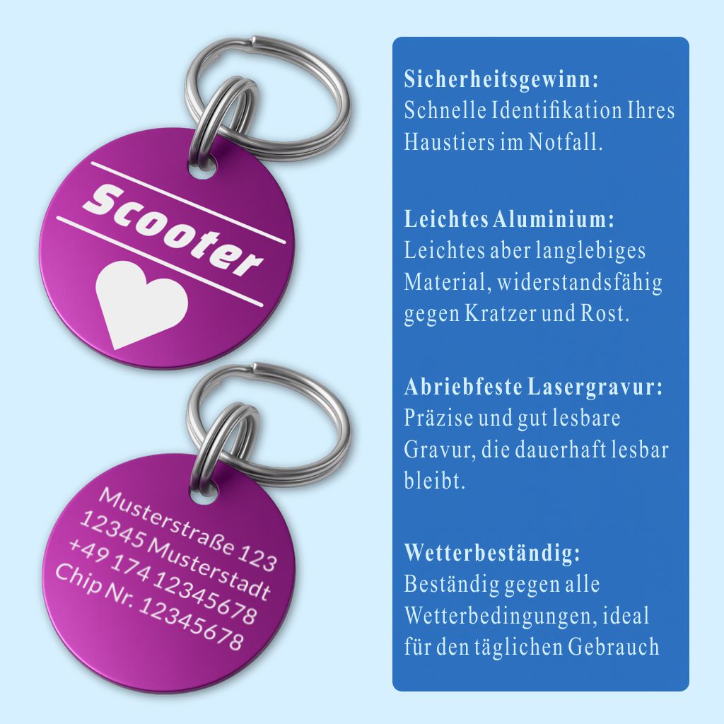 Aluminium Hundemarke mit Gravur - Personalisiert mit Name, Motiv und Text - 25, 30 oder 35 mm Durchmesser