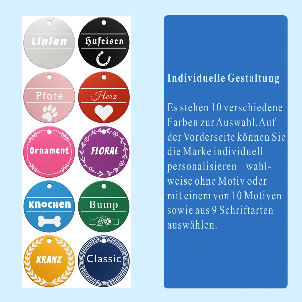 Aluminium Hundemarke mit Gravur - Personalisiert mit Name, Motiv und Text - 25, 30 oder 35 mm Durchmesser