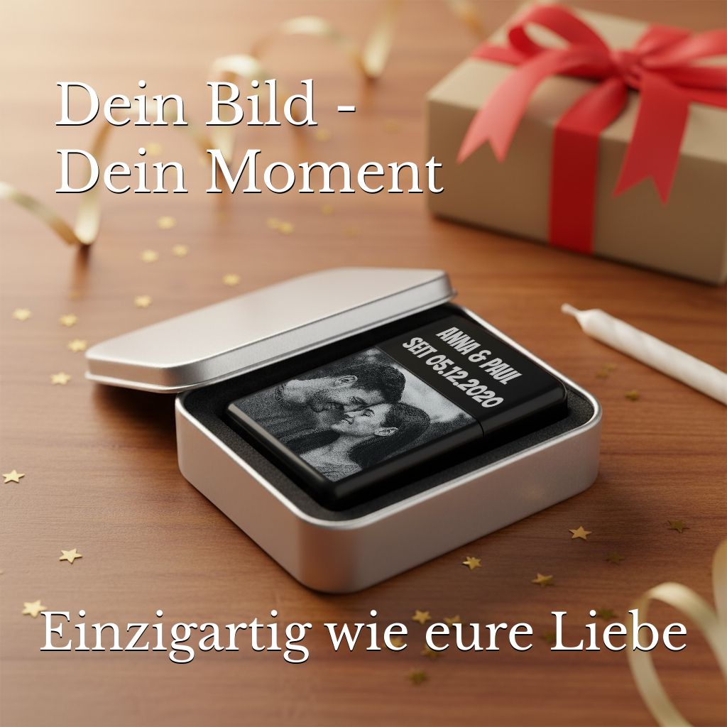 Benzinfeuerzeug mit Fotogravur - Schwarzes Feuerzeug mit Wunschtext & Bild