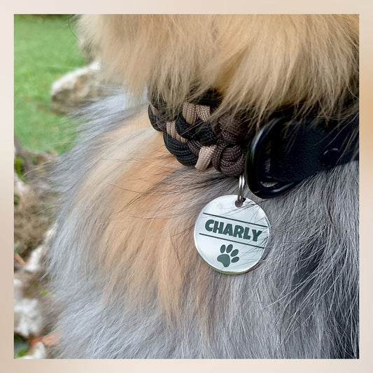 Edelstahl Hundemarke mit Gravur - Personalisiert mit Motiv und Text - 25 oder 30 mm Durchmesser