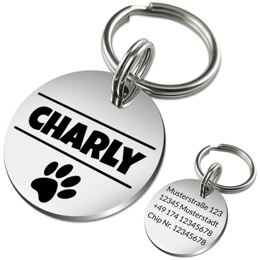 Edelstahl Hundemarke mit Gravur - Personalisiert mit Motiv und Text - 25 oder 30 mm Durchmesser