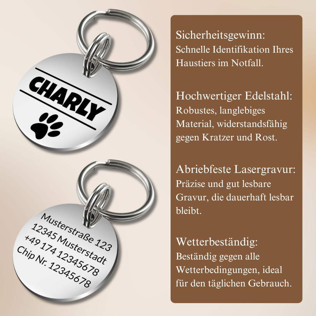 Edelstahl Hundemarke mit Gravur - Personalisiert mit Motiv und Text - 25 oder 30 mm Durchmesser