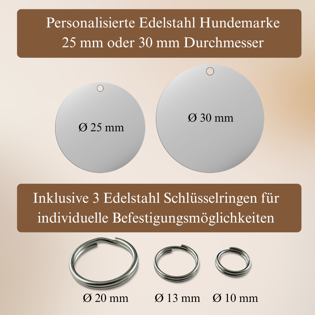 Edelstahl Hundemarke mit Gravur - Personalisiert mit Motiv und Text - 25 oder 30 mm Durchmesser