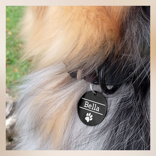 Edelstahl Hundemarke schwarz mit Gravur - Personalisiert mit Motiv und Text - 25 oder 30 mm Durchmesser