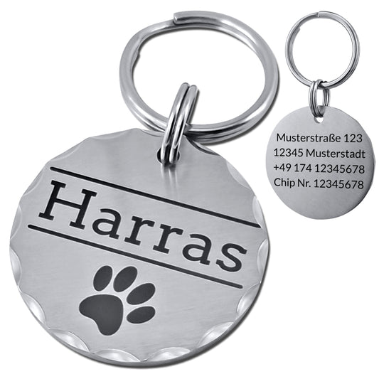 Edelstahl Hundemarke mit Gravur - 30 mm Durchmesser - Runder Anhänger facettiert - Personalisiert mit Name, Motiv und Text