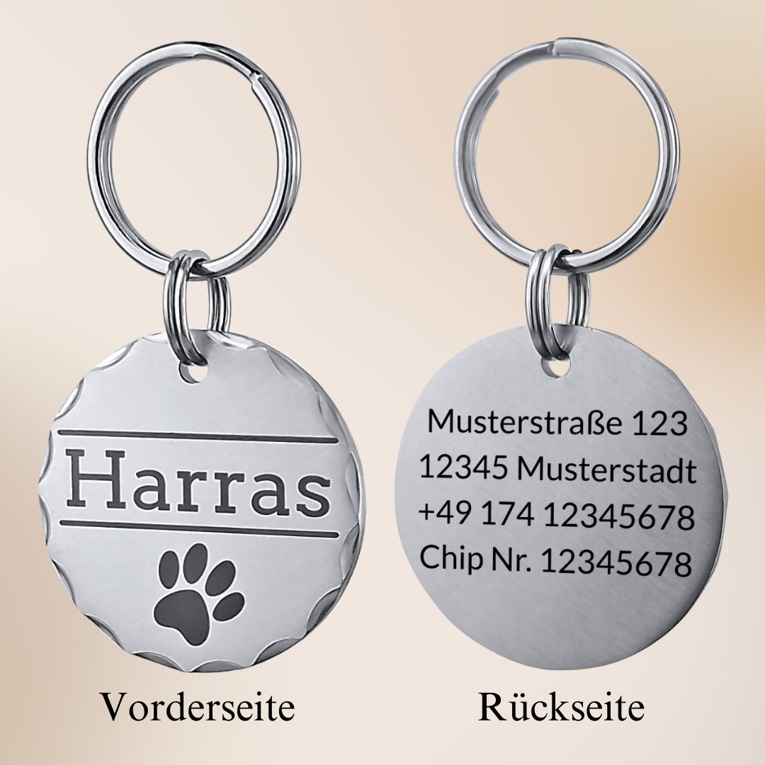 Edelstahl Hundemarke mit Gravur - 30 mm Durchmesser - Runder Anhänger facettiert - Personalisiert mit Name, Motiv und Text