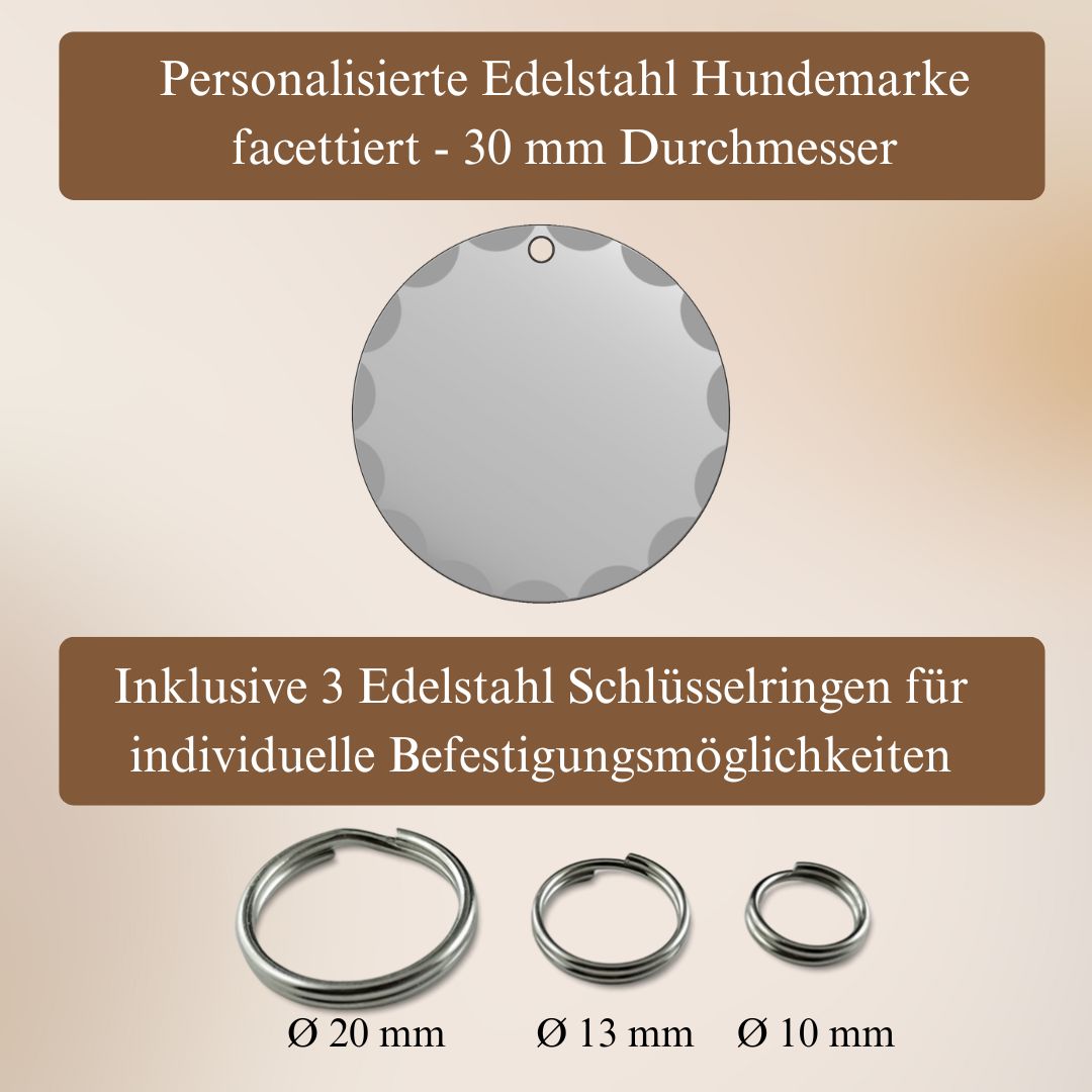 Edelstahl Hundemarke mit Gravur - 30 mm Durchmesser - Runder Anhänger facettiert - Personalisiert mit Name, Motiv und Text