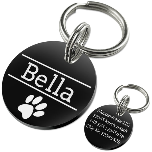 Edelstahl Hundemarke schwarz mit Gravur - Personalisiert mit Motiv und Text - 25 oder 30 mm Durchmesser