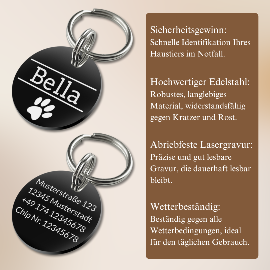 Edelstahl Hundemarke schwarz mit Gravur - Personalisiert mit Motiv und Text - 25 oder 30 mm Durchmesser