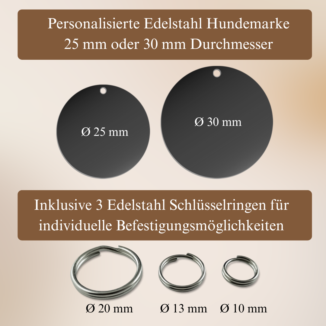 Edelstahl Hundemarke schwarz mit Gravur - Personalisiert mit Motiv und Text - 25 oder 30 mm Durchmesser