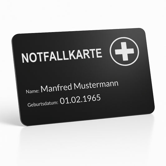 Notfallkarte aus Aluminium - Lasergraviert, Scheckkartenformat - 3 Motive, Hoch- oder Querformat