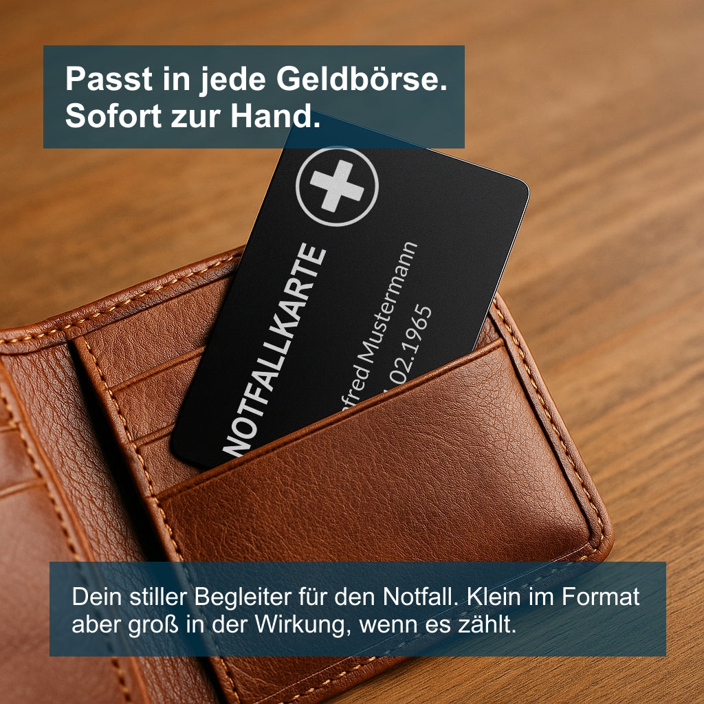 Notfallkarte aus Aluminium - Lasergraviert, Scheckkartenformat - 3 Motive, Hoch- oder Querformat