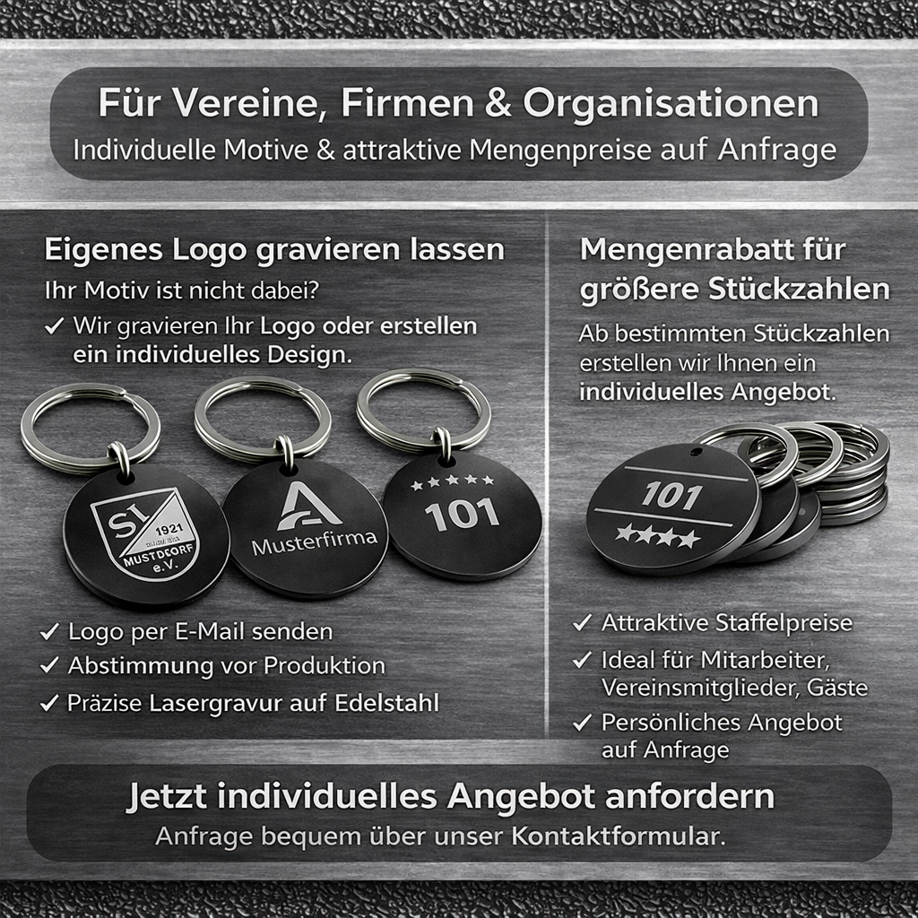 Edelstahl Schlüsselanhänger mit Gravur - 30 mm Durchmesser - Runder Anhänger schwarz - Mit Motiv und Text - Alltag & Beruf