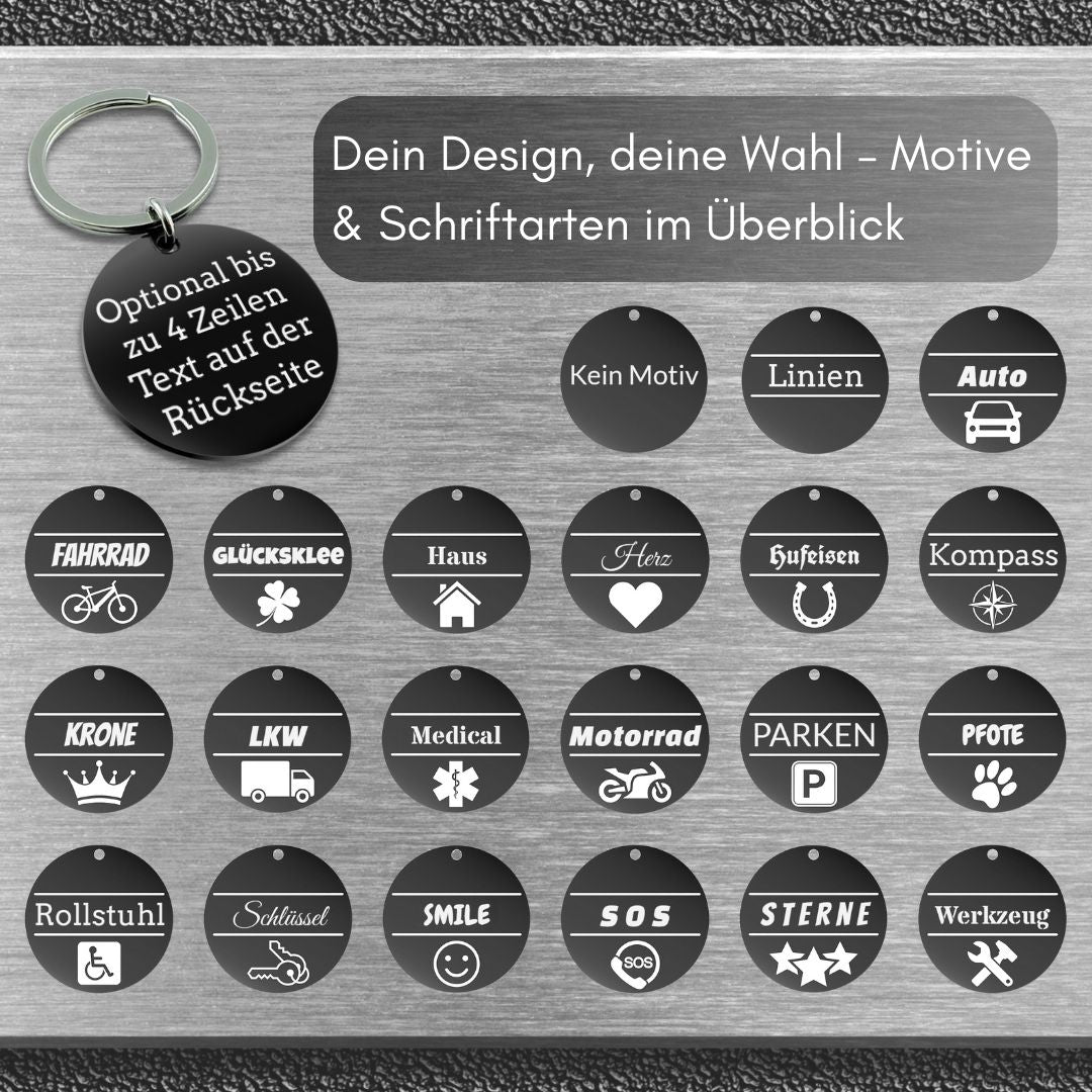 Edelstahl Schlüsselanhänger mit Gravur - 30 mm Durchmesser - Runder Anhänger schwarz - Mit Motiv und Text - Alltag & Beruf