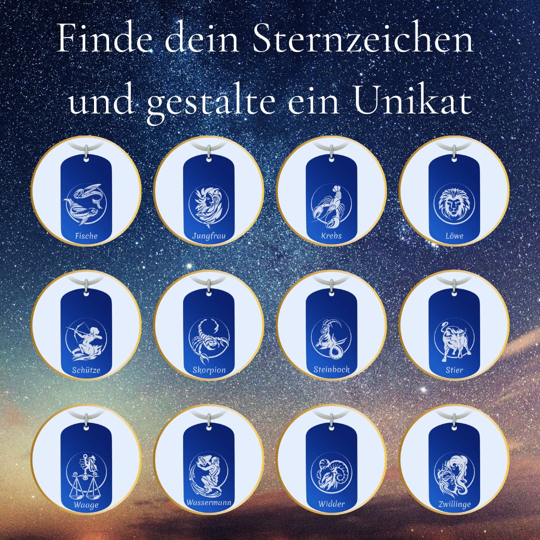 Personalisierter Schlüsselanhänger Edelstahl Blau mit Gravur – Sternzeichen & Wunschtext