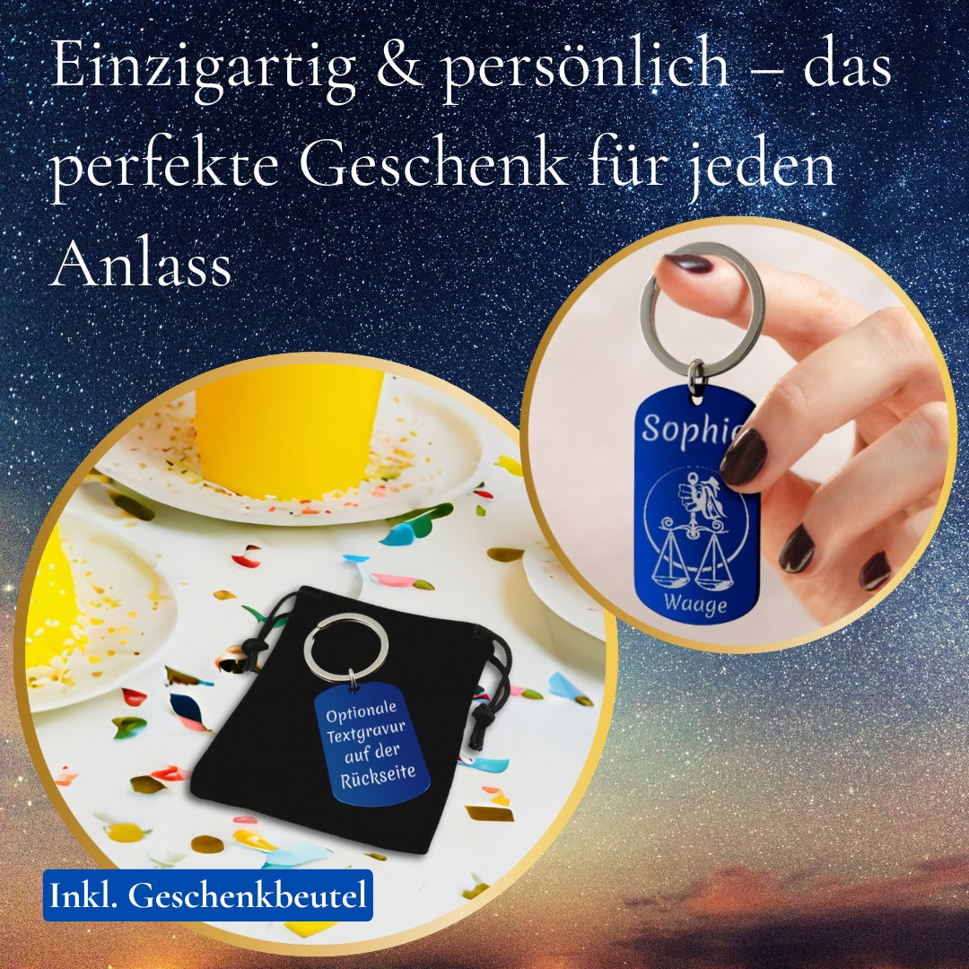 Personalisierter Schlüsselanhänger Edelstahl Blau mit Gravur – Sternzeichen & Wunschtext