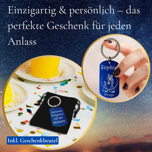 Personalisierter Schlüsselanhänger Edelstahl Blau mit Gravur – Sternzeichen & Wunschtext