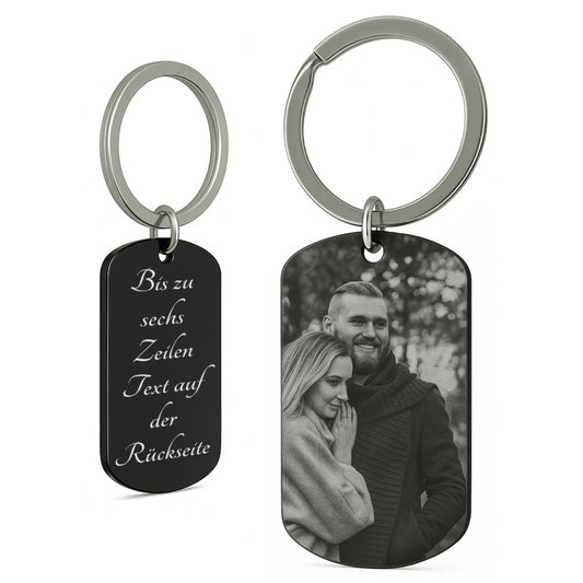 Personalisierbarer Dog Tag Schlüsselanhänger mit Fotogravur – Schwarzer Edelstahl mit Wunschtext und Bild