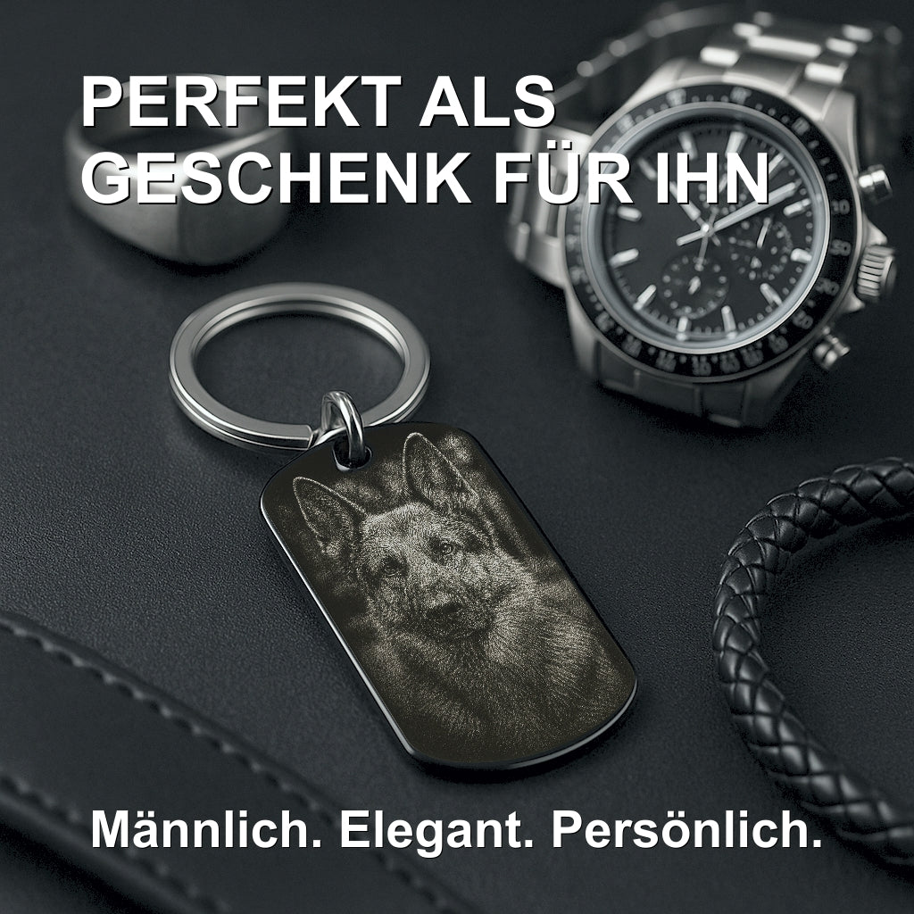 Personalisierbarer Dog Tag Schlüsselanhänger mit Fotogravur – Schwarzer Edelstahl mit Wunschtext und Bild