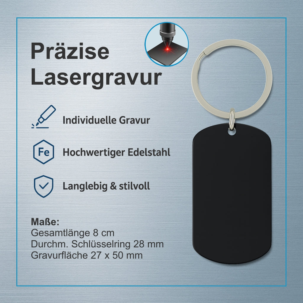 Personalisierbarer Dog Tag Schlüsselanhänger mit Fotogravur – Schwarzer Edelstahl mit Wunschtext und Bild