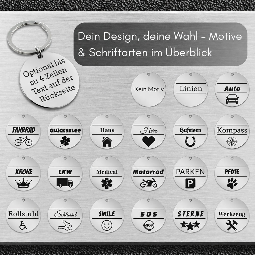 Edelstahl Schlüsselanhänger mit Gravur - 30 mm Durchmesser - Runder Anhänger - Mit Motiv und Text - Alltag & Beruf