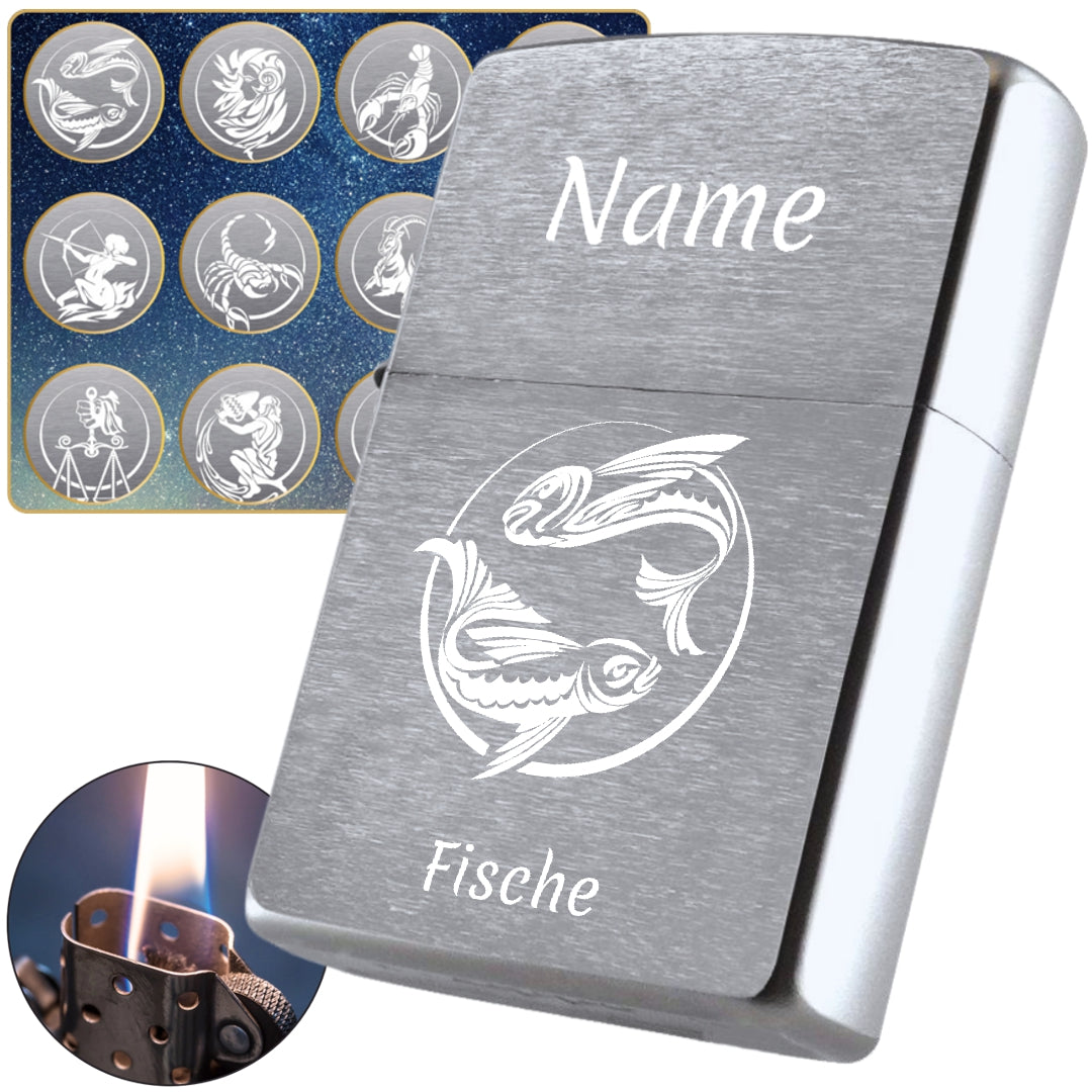 Zippo® Feuerzeug Chrome Brushed mit Sternzeichen-Motiv & Wunschgravur