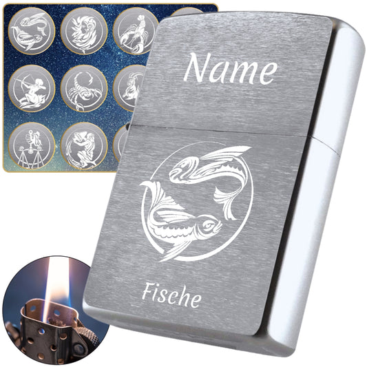 Zippo® Feuerzeug Chrome Brushed mit Sternzeichen-Motiv & Wunschgravur
