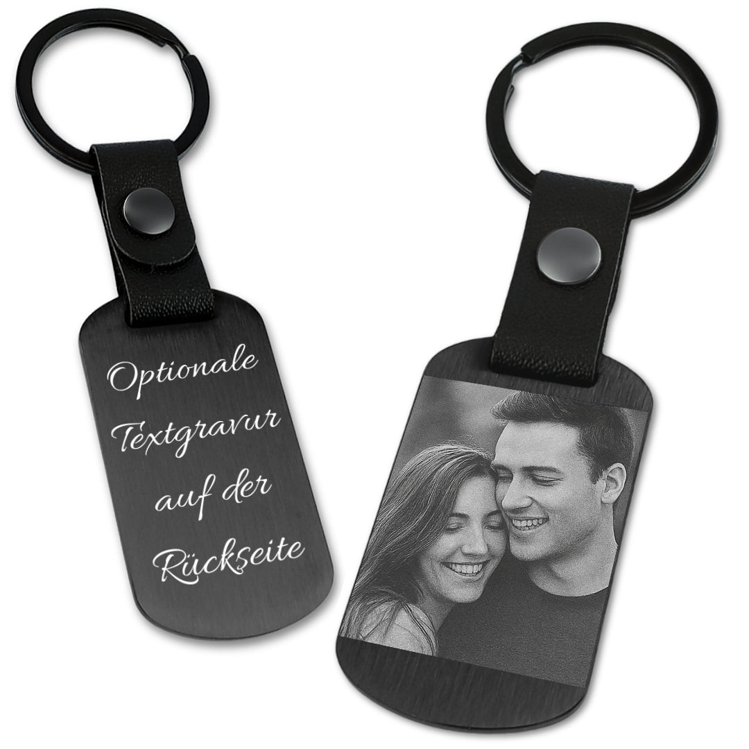 Schlüsselanhänger mit Fotogravur Schwarz Edelstahl – Personalisierbar mit Foto & Wunschtext