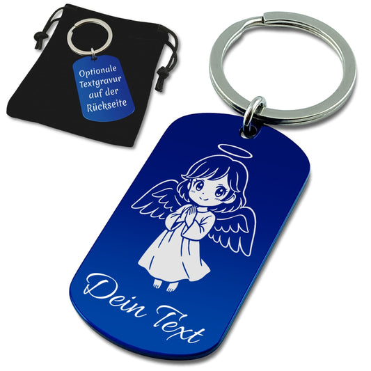 Personalisierter Schlüsselanhänger Schutzengel & Wunschtext - Blauer Edelstahl Anhänger