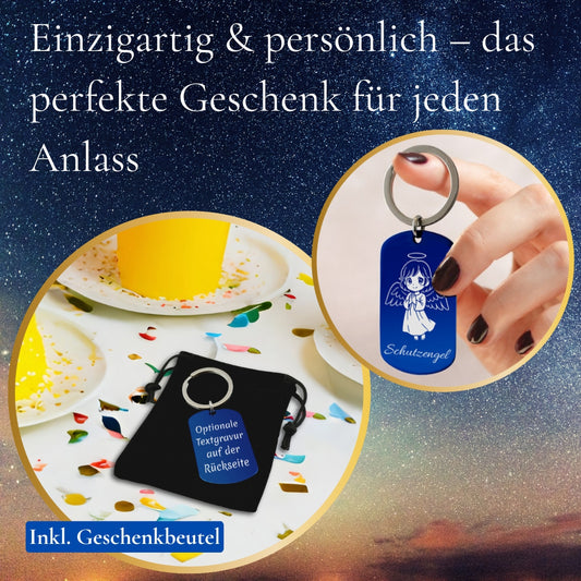 Personalisierter Schlüsselanhänger Schutzengel & Wunschtext - Blauer Edelstahl Anhänger
