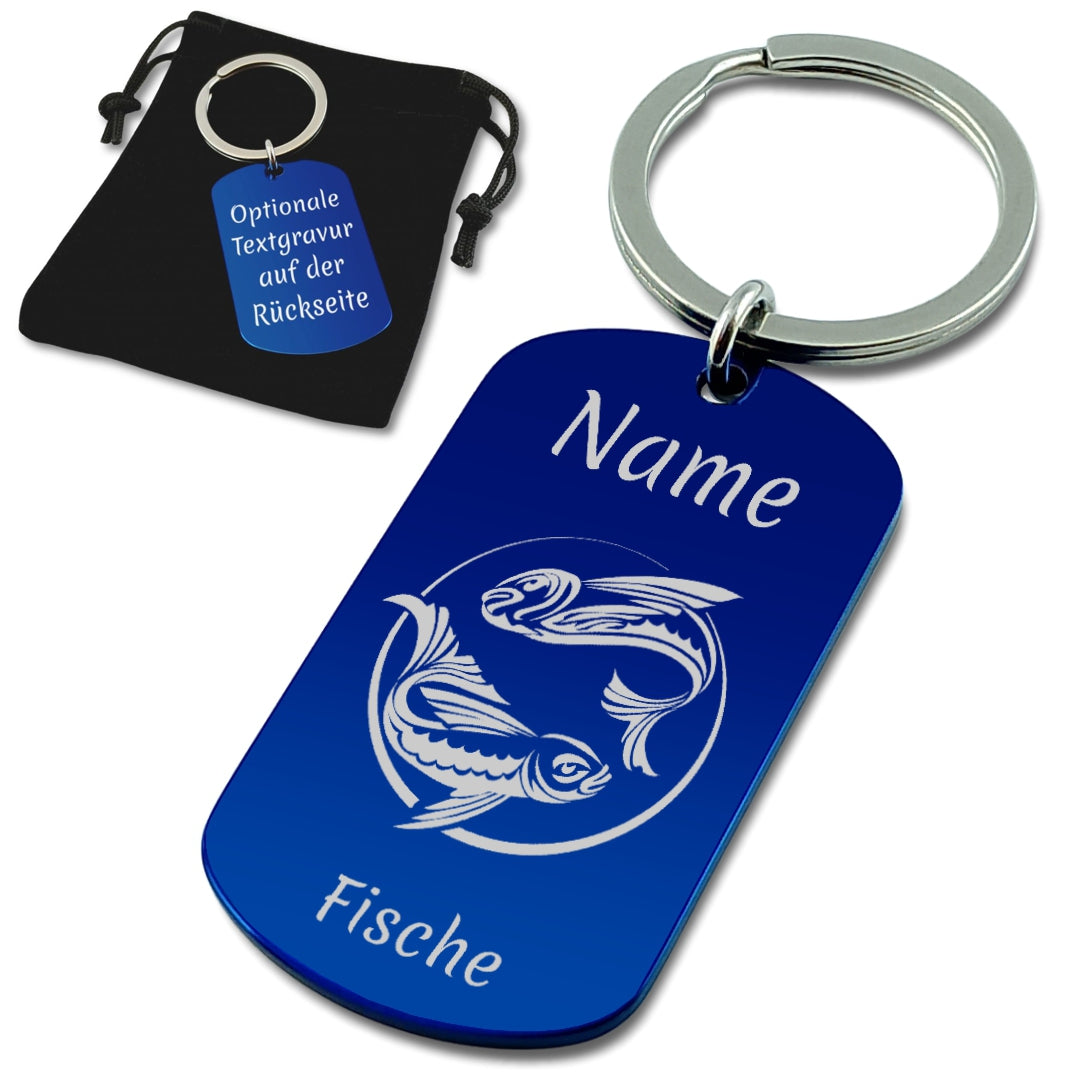 Personalisierter Schlüsselanhänger Edelstahl Blau mit Gravur – Sternzeichen & Wunschtext