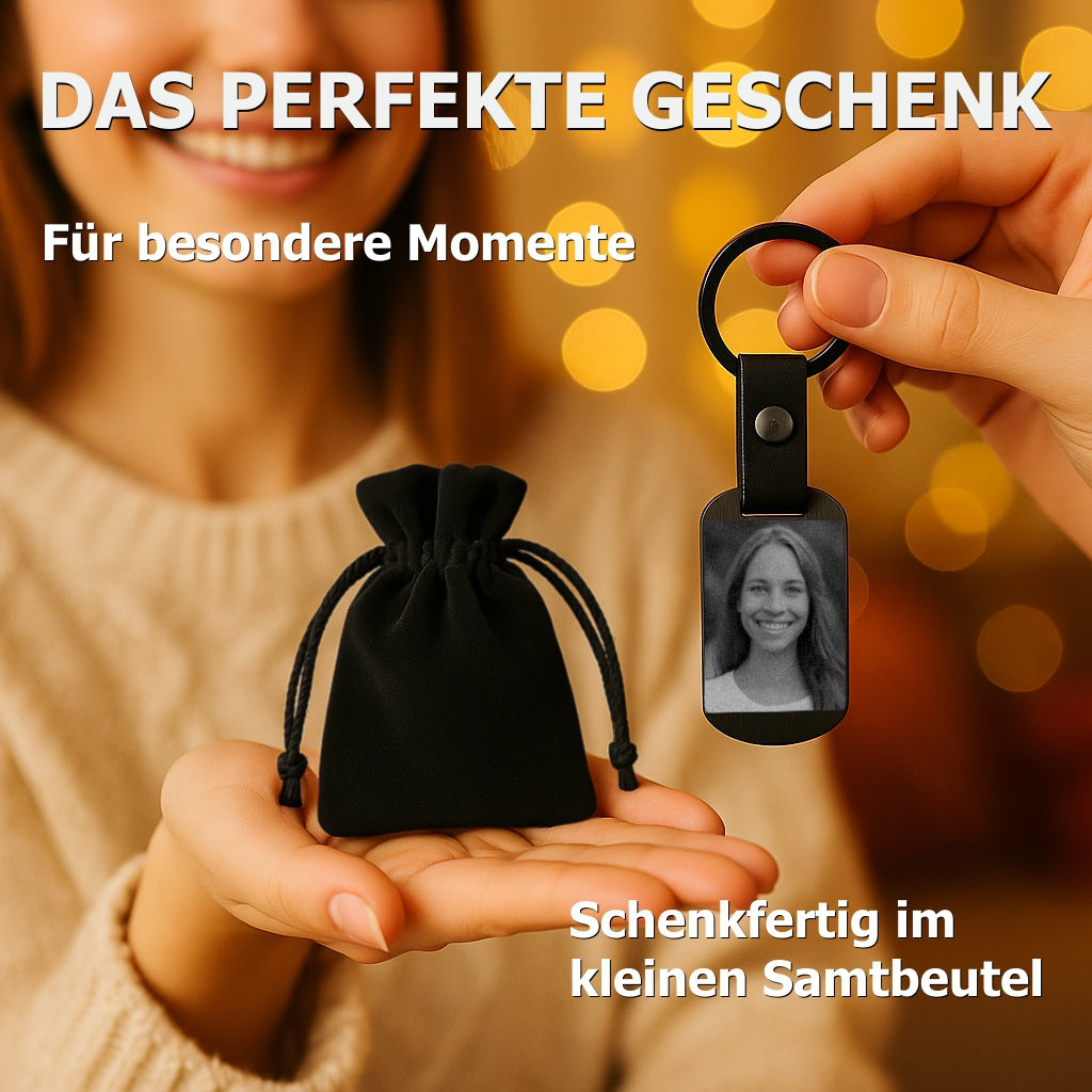 Schlüsselanhänger mit Fotogravur Schwarz Edelstahl – Personalisierbar mit Foto & Wunschtext