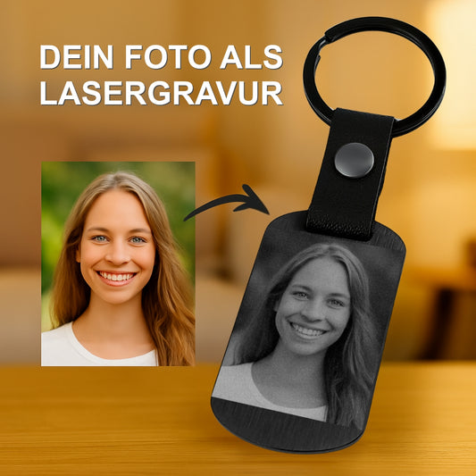 Schlüsselanhänger mit Fotogravur Schwarz Edelstahl – Personalisierbar mit Foto & Wunschtext