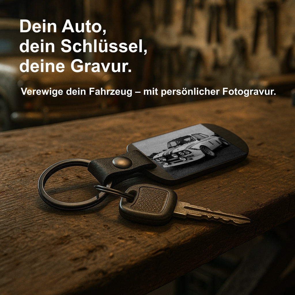 Schlüsselanhänger mit Fotogravur Schwarz Edelstahl – Personalisierbar mit Foto & Wunschtext