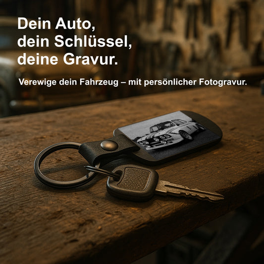 Schlüsselanhänger mit Fotogravur Schwarz Edelstahl – Personalisierbar mit Foto & Wunschtext