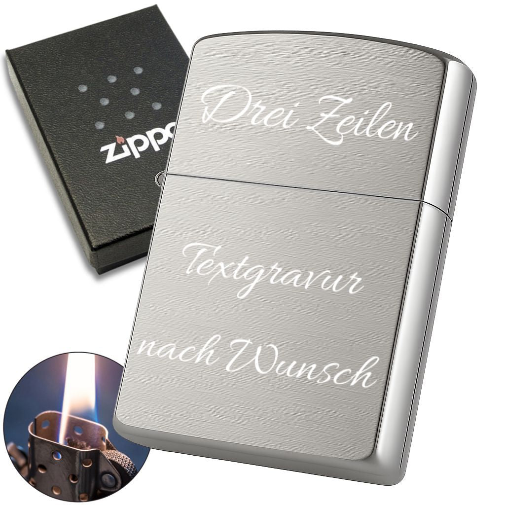 Zippo® Feuerzeug Chrome Brushed mit 3-zeiliger Textgravur