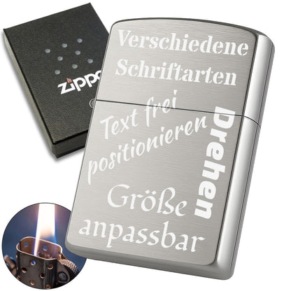 Zippo® Feuerzeug Chrome Brushed mit Textgravur (frei konfigurierbar)