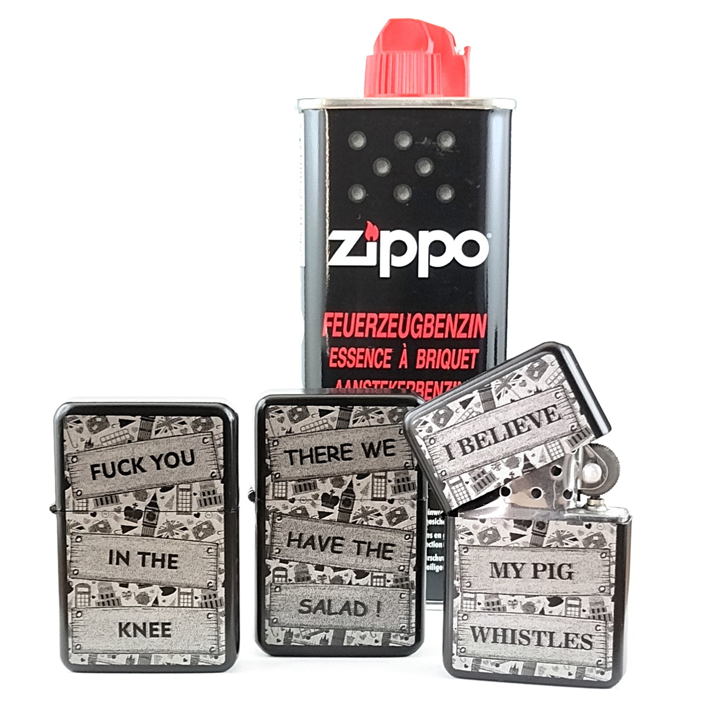 3 x graviertes Benzinfeuerzeug + Zippo® Feuerzeugbenzin - Motiv-Set nach Wahl