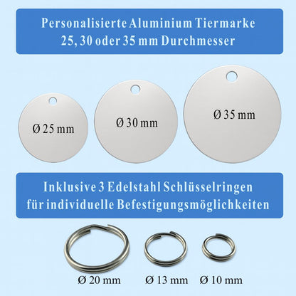 Aluminium Hundemarke mit Gravur - Personalisiert mit Name, Motiv und Text - 25, 30 oder 35 mm Durchmesser
