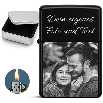 Benzinfeuerzeug mit Fotogravur - Schwarzes Feuerzeug mit Wunschtext & Bild