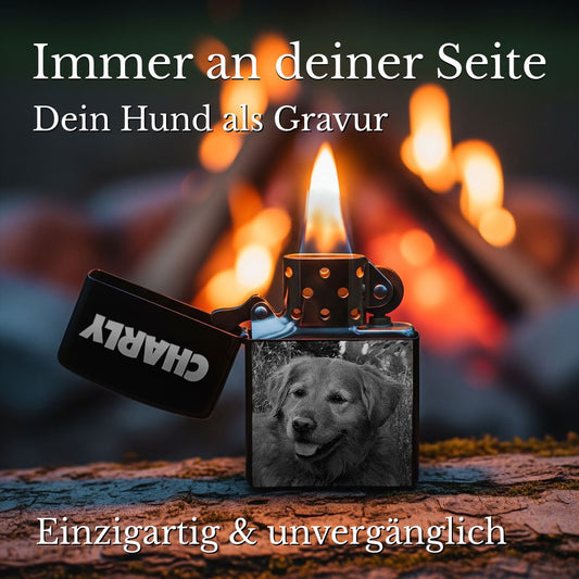 Benzinfeuerzeug mit Fotogravur - Schwarzes Feuerzeug mit Wunschtext & Bild