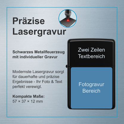 Benzinfeuerzeug mit Fotogravur - Schwarzes Feuerzeug mit Wunschtext & Bild