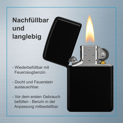 Benzinfeuerzeug mit Fotogravur - Schwarzes Feuerzeug mit Wunschtext & Bild