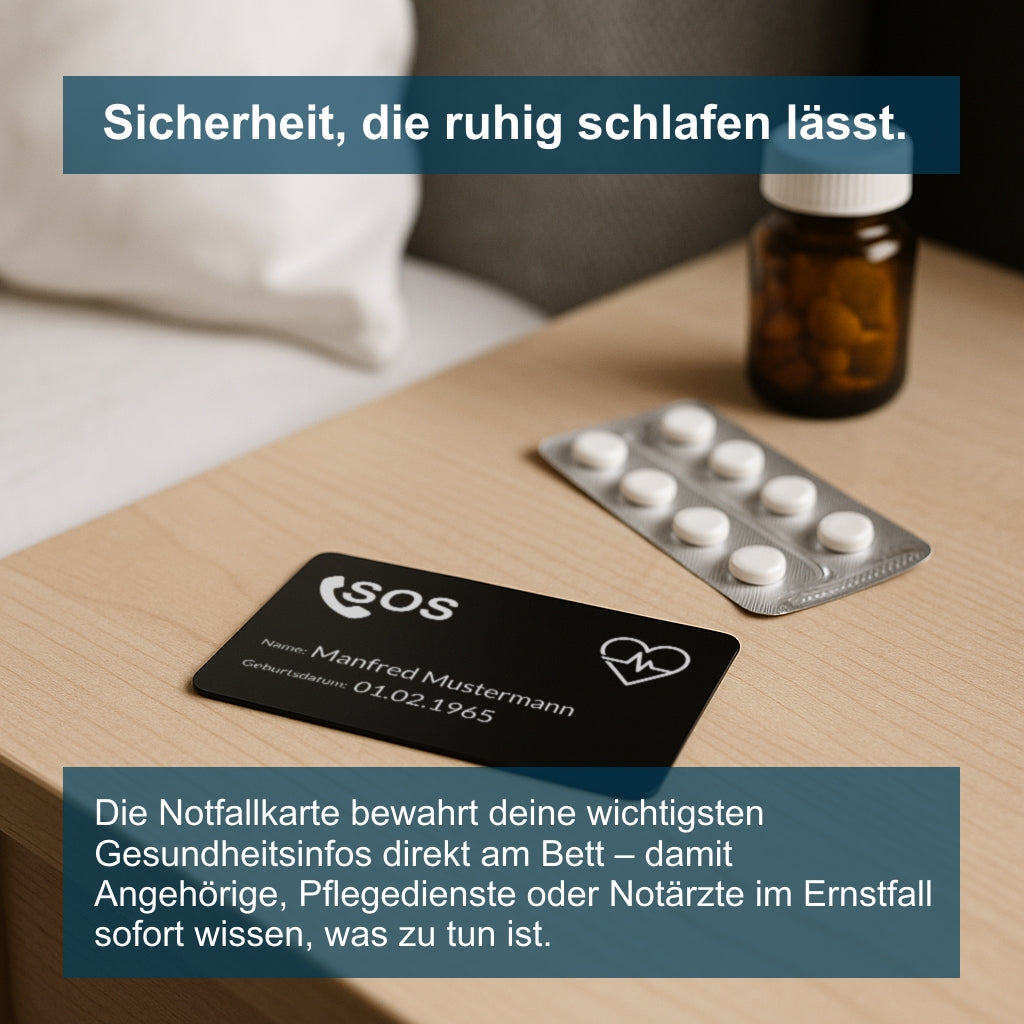Notfallkarte aus Aluminium - Lasergraviert, Scheckkartenformat - 3 Motive, Hoch- oder Querformat