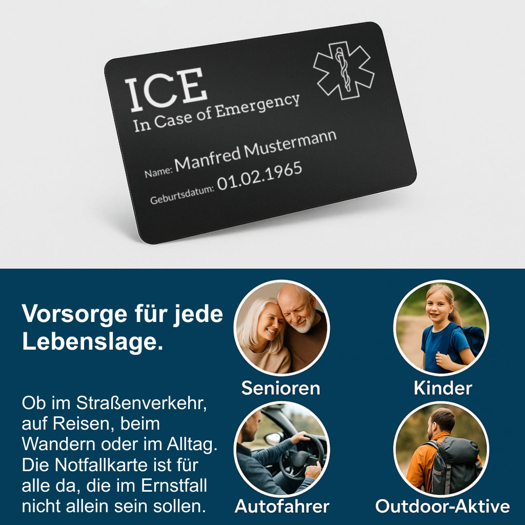 Notfallkarte aus Aluminium - Lasergraviert, Scheckkartenformat - 3 Motive, Hoch- oder Querformat