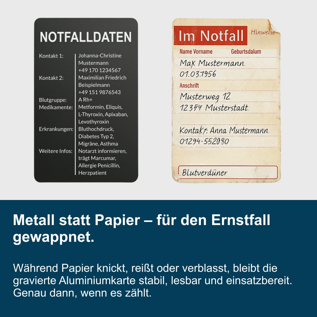 Notfallkarte aus Aluminium - Lasergraviert, Scheckkartenformat - 3 Motive, Hoch- oder Querformat