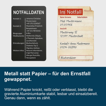Notfallkarte aus Aluminium - Lasergraviert, Scheckkartenformat - 3 Motive, Hoch- oder Querformat