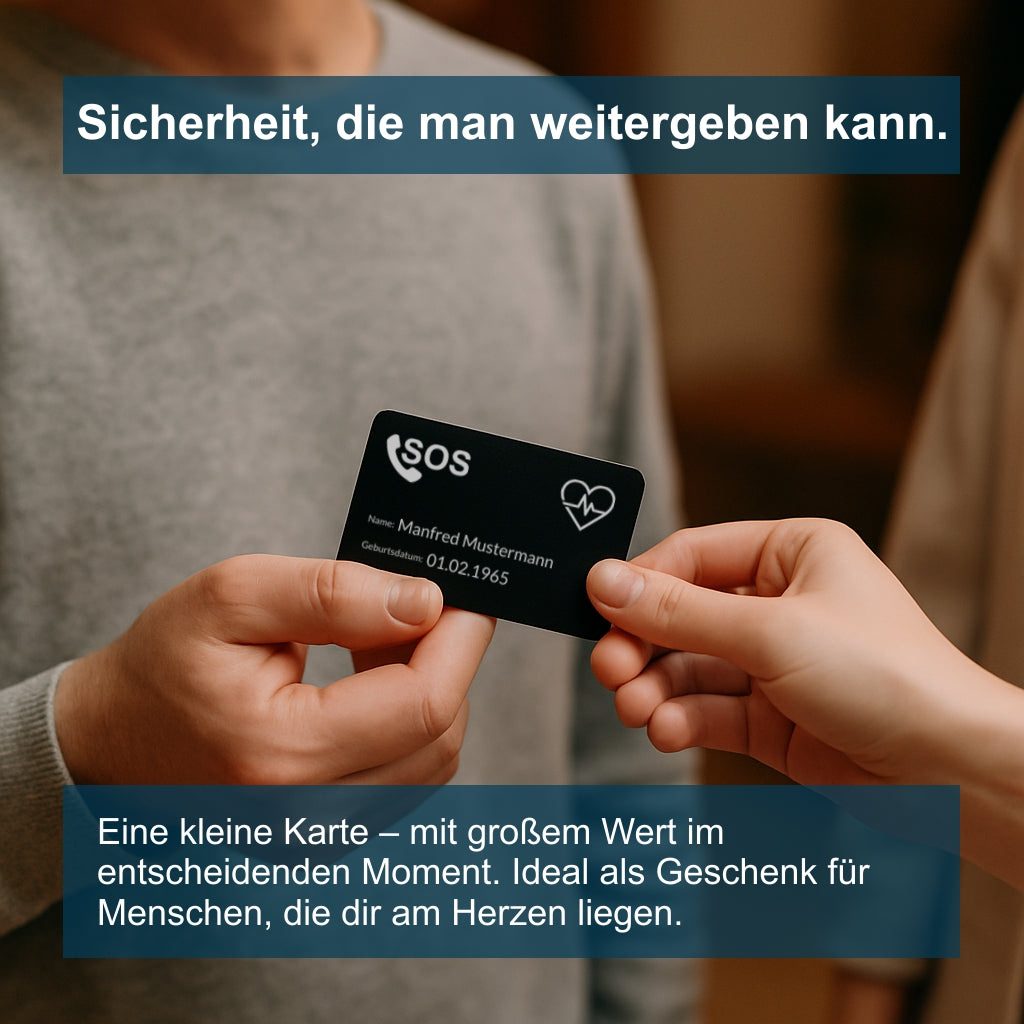 Notfallkarte aus Aluminium - Lasergraviert, Scheckkartenformat - 3 Motive, Hoch- oder Querformat