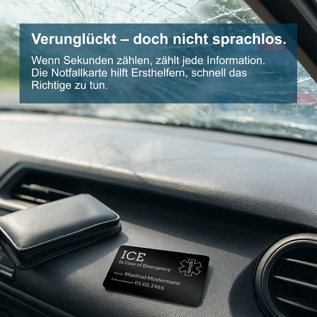 Notfallkarte aus Aluminium - Lasergraviert, Scheckkartenformat - 3 Motive, Hoch- oder Querformat